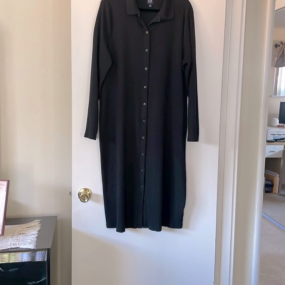 Gap Solid Black Button Down Collared Ribbed Long … - image 2